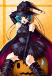  bare_shoulders black_dress dress fang open_mouth pumpkin witch_hat 
