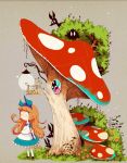  alice_(wonderland) alice_in_wonderland apron bad_id blonde_hair fox grass hairband lantern long_hair mushroom o_o oversized_object sumitani tree white_legwear 