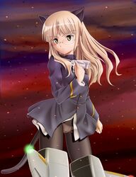  1girl black_legwear blonde_hair cat_ears cravat embers glasses glowing hand_on_own_chest hand_to_chest long_hair military military_uniform mushoku_no_hourousha panties panties_under_pantyhose pantyhose perrine_h_clostermann sky solo strike_witches striker_unit tail underwear uniform yellow_eyes 