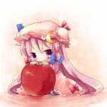  apple blush chibi crescent food fruit hat minigirl patchouli_knowledge purple_eyes purple_hair solo touhou violet_eyes yuya_(night_lily) 