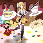  beret blonde_hair boots brown_legwear cake charlotte_(madoka_magica) cookie cup detached_sleeves doughnut drill_hair fingerless_gloves food gloves gun hair_ornament hairpin happy hat long_hair magical_girl magical_musket mahou_shoujo_madoka_magica open_mouth ornate pleated_skirt puffy_sleeves ribbon rifle setona_(daice) skirt standing standing_on_one_leg teacup thighhighs tomoe_mami twin_drills twintails vertical-striped_legwear vertical_stripes weapon witch's_labyrinth yellow_eyes zettai_ryouiki 