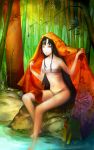  bamboo_forest bandage bandages bangs bare_legs bare_shoulders barefoot black_hair breasts copyright_request feet_in_water forest highres long_hair long_legs looking_at_viewer narongchai_singhapand nature navel readman red_eyes rock sitting smile soaking_feet solo very_long_hair water 