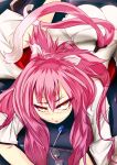  ass blazblue blush candy cat_ears cat_tail female glasses glasses_removed kokonoe labcoat lollipop long_hair looking_up lying multiple_tails on_floor pants pink_hair shiyou_houkou solo tail yellow_eyes 