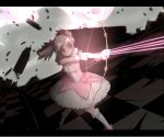  bow_(weapon) checkered checkered_floor flower gloves kaname_madoka kasumi_(pluvieux_tigre) letterboxed magical_girl mahou_shoujo_madoka_magica misu_kasumi pink_eyes pink_hair pink_rose rose short_hair solo spoilers twintails weapon witch's_labyrinth 