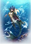 1girl aa2233a breasts bubble center_opening cleavage fish helmet jewelry league_of_legends mermaid monster_girl nami_(league_of_legends) necklace ocean red_eyes scales solo water