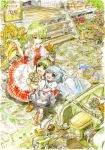  blue_dress blue_eyes blue_hair bow cirno dress flower flower_shop green_eyes green_hair hair_bow hand_on_head highres hug hug_from_behind kazami_yuuka master_(4th) multiple_girls open_mouth shop smile stairs sunflower touhou trike watering_can wings wriggle_nightbug youkai 