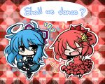  blue_hair blush chibi closed_eyes dress english eyes_closed fang grey_eyes hair_ornament horns pixiv_fantasia pixiv_fantasia_5 red_hair redhead yanagi_(artist) yanagi_(nurikoboshi) 