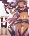  arm_behind_back armlet armor azure_hypnocatrice azure_hypnocatrice_(armor) belt beltskirt bikini_armor bird blue_eyes blue_hair breasts cleavage feathers gloves headdress hypnocatrice hypnocatrice_(armor) long_hair looking_down midriff monster_hunter monster_hunter_frontier multiple_belts navel open_mouth pink_eyes red_eyes text tsukigami_chronica wings 