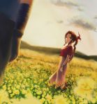  aireborn bolero bracelet braid brown_hair cloud_strife cropped_jacket field final_fantasy final_fantasy_vii flower gloves green_eyes hair_ribbon highres jewelry long_hair ponytail ribbon single_braid 