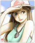  akosan bare_shoulders bespectacled blue_(pokemon) brown_hair glasses hat leaf_(pokemon) lips long_hair lowres pokemon pokemon_(game) pokemon_frlg pokemon_rgby solo 