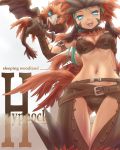  arm_behind_back armlet armor belt beltskirt bikini_armor bird blue_eyes breasts cleavage feathers gloves green_hair headdress hypnocatrice hypnocatrice_(armor) long_hair looking_down midriff monster_hunter monster_hunter_frontier multiple_belts navel open_mouth text tsukigami_chronica wings 