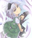  black_legwear daito down_blouse from_above grey_eyes hairband konpaku_youmu loafers no_bra pants pantyhose shoes short_hair silver_eyes silver_hair sitting solo touhou undone_necktie untied 