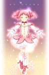  choker closed_eyes eyes_closed gloves kaname_madoka long_hair magical_girl mahou_shoujo_madoka_magica outstretched_hand pink_eyes pink_hair puffy_sleeves shoes short_hair smile solo touon translated twintails white_gloves 