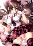  blush bow bra brown_hair checkered checkered_skirt feathers hair_bow himekaidou_hatate lingerie long_hair necktie no_hat no_headwear ojitcha panties pink_panties polka_dot polka_dot_panties purple_eyes side-tie_panties skirt thigh-highs thighhighs touhou twintails underwear 