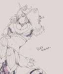 breast_suppress breasts capcom gauntlets gloves horn kirin_(armor) large_breasts lineart loincloth long_hair midriff monochrome monster_hunter monster_hunter_frontier muso-comet navel on_back solo 