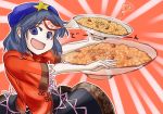  beret blue_eyes blue_hair bowl food hat miyako_yoshika ofuda open_mouth outstretched_arms pale_skin pun risotto short_hair skirt smile solo star touhou translated yafu zombie_pose 