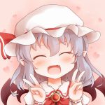  1girl ascot bat_wings blush brooch bust closed_eyes double_v fangs hat hat_ribbon heart jewelry lavender_hair mob_cap open_mouth payot pink_background remilia_scarlet ribbon shize_(coletti) short_hair solo touhou v wings 