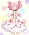  :d blush choker clenched_hands closed_eyes eyes_closed gloves heart kaname_madoka magical_girl mahou_shoujo_madoka_magica official_style open_mouth pink_hair puffy_sleeves short_hair smile twintails white_gloves 