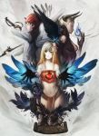  bangs bare_shoulders blonde_hair blood bloody_tears blue_fire blue_flame breasts cleavage copyright_request fantasy fire gloves highres long_hair midriff narongchai_singhapand navel petals profile reaching reaching_out readman red_eyes red_hair redhead scroll short_hair smile sword thighs weapon wings 