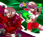  1girl albino battle belt blue_eyes brad_kirsten brad_kristen braid choker fingerless_gloves fingernails gloves hat long_fingernails long_hair midriff psychic_force purple_hair red_eyes shorts silver_hair sky thigh-highs thighhighs tongue top toraba wendy_ryan white_legwear 