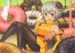  bare_shoulders black_legwear detached_sleeves doughnut finger_to_mouth food girl_in_food green_hair hashi highres in_food minigirl open_mouth original oversized_object pantyhose purple_eyes short_hair silver_hair sitting smile solo violet_eyes 
