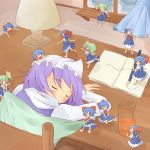  &gt;_&lt; 6+girls blanket blue_dress blue_hair blush book bow cirno closed_eyes curtains daiyousei desk drawing dress eyes_closed glass green_hair hair_bow hair_ribbon hat lamp letty_whiterock meruto1093 minigirl multiple_girls multiple_persona o_o open_mouth pulling ribbon running side_ponytail sitting sleeping touhou window wings 