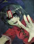  beret blue_eyes blue_hair bust face foreshortening geung_si grey_eyes grey_hair hands hat highres itirirenn jiangshi miyako_yoshika ofuda open_mouth outstretched_arms outstretched_hand pale_skin short_hair smile solo star touhou zombie_pose 