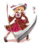  blonde_hair dress elly hat open_mouth red_dress scythe short_hair solo touhou touhou_(pc-98) weapon yellow_eyes 
