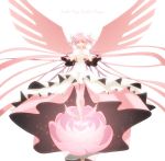  alternate_costume alternate_hairstyle bad_id bow dress flower gloves goddess_madoka hair_bow hands_on_own_chest hands_to_chest kaname_madoka long_hair mahou_shoujo_madoka_magica pink_hair pink_rose rose simple_background solo spoilers sumiporo sumizuki thighhighs twintails two_side_up ultimate_madoka very_long_hair wings yellow_eyes 