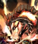  ban_(777purin) barrel blue_eyes claws felyne fire jaggi_(armor) molten_rock monster monster_hunter monster_hunter_portable_3rd rathalos_(armor) sharp_teeth staff urukususu_(armor) 