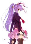  1girl alternate_hairstyle animal_ears black_legwear blazer breasts bullet carrot gun handgun highres long_hair necktie pistol ponytail purple_hair rabbit_ears red_eyes reisen_udongein_inaba skirt solo thigh-highs torn_thighhighs touhou weapon 