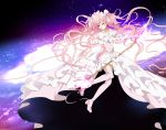  alternate_costume alternate_hairstyle bow bow_(weapon) dress erin_(pixiv1316947) erin_(whipcreamai) galaxy gloves goddess_madoka hair_bow highres kaname_madoka long_hair magical_girl mahou_shoujo_madoka_magica pink_hair smile solo space spoilers thighhighs twintails ultimate_madoka very_long_hair weapon white_gloves 