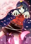  beret blue_eyes blue_hair cherry_blossoms geung_si hat jiangshi miyako_yoshika ofuda open_mouth outstretched_arms pale_skin petals ryu_(multitask) ryuu_(multitask) short_hair skirt smile solo star touhou zombie_pose 