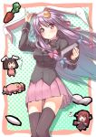  3girls :d animal_ears bat_wings black_legwear blazer blush blush_stickers book bow bowtie breasts bunny_ears carrot chibi crescent crescent_moon fusion hair_bow hat hat_removed head_wings headwear_removed inaba_tewi koakuma long_hair moon multiple_girls musical_note open_mouth patchouli_knowledge pleated_skirt purple_eyes purple_hair reisen_udongein_inaba reisen_udongein_inaba_(cosplay) skirt smile thigh-highs thighhighs touhou usume_shirou wings zettai_ryouiki 