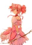  bow_(weapon) from_behind gloves kaname_madoka light_smile looking_back magical_girl mahou_shoujo_madoka_magica momoiro pink_eyes pink_hair short_hair simple_background twintails weapon white_gloves 