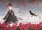  bird copyright_request crow dress fence flower gloves hat highres long_hair long_sleeves nardack petals red_eyes silver_hair solo standing 