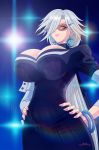  akupa armpit artist_request basquash! bracelet breasts cleavage dress earrings glasses hands_on_hips haruka_gracia highres huge_breasts jewelry lipstick long_hair silver_hair skin_tight white_hair 