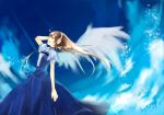  blue cathy_inaba cloud clouds copyright_request dress floating_hair headphones profile short_sleeves signature sky solo wind wings 
