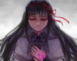  akemi_homura black_hair bust face hands_on_own_chest hands_to_chest long_hair m874 magical_girl mahou_shoujo_madoka_magica simple_background smile solo spoilers 