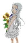  aqua_eyes bad_id bare_shoulders dress flower honma_meiko long_hair rihara silver_hair sleeveless smile solo sunflower 