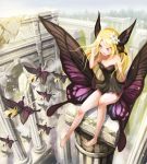  bare_legs bare_shoulders barefoot blonde_hair blush butterfly butterfly_wings crack fairy feet flower flying from_above hair_flower hair_ornament hand_in_hair head_wings highres light_smile long_hair low_wings original pillar purple_eyes sitting ume_(illegal_bible) violet_eyes wings 