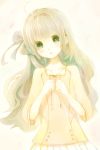  brown_hair green_eyes hair_bow long_hair nojika original pale_color pale_colors solo yellow 