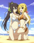  adjusting_swimsuit ass barefoot beach bikini black_eyes black_hair blonde_hair blush breasts charlotte_dunois cleavage front-tie_top haoto_luna infinite_stratos kneeling long_hair looking_at_viewer looking_back multiple_girls navel open_mouth ponytail purple_eyes shinonono_houki sideboob smile swimsuit violet_eyes 