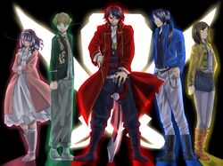  2girls 3boys ahim_de_famille artist_request black_hair blonde_hair blue_eyes boots brown_hair captain_marvelous don_dogoier dress female glowing_eyes green_eyes joe_gibken kaizoku_sentai_gokaiger long_hair luka_millfy male multiple_boys multiple_girls pants pink_eyes red_eyes short_hair super_sentai sword weapon yellow_eyes 