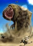  ban_(777purin) big_mouth claws felyne fishing_rod hapurubokka highres monster monster_hunter monster_hunter_portable_3rd mouth sand sharp_teeth steven-tyler-mouth urukususu_(armor) weapon 