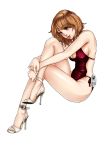  breasts brown_eyes brown_hair casual_one-piece_swimsuit cleavage hanamura high_heels legs lips long_legs one-piece_swimsuit open_shoes open_toe_shoes original shoes short_hair sideboob solo swimsuit thighs 