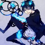  ao_no_exorcist clockwork fang fire formal gears highres male necktie okumura_rin striped striped_necktie suit sword tail tail-tip_fire washi_(micino) weapon 