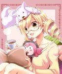  bespectacled blonde_hair book casual charlotte_(madoka_magica) collarbone cookie cup drill_hair food glasses kyubey mahou_shoujo_madoka_magica object_on_head reading shinolion teacup tomoe_mami twin_drills yellow_eyes 
