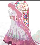  adult bad_id bow closed_eyes dress flower gloves goddess_madoka hair_bow kaname_madoka lily_(flower) long_hair mahou_shoujo_madoka_magica panda-kun_(papapa) pink_hair profile smile solo stained_glass ultimate_madoka very_long_hair white_gloves 