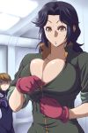  1girl 2girls black_hair breasts brown_eyes brown_hair center_opening cleavage collarbone envy ginga_kikoutai_majestic_prince gloves huge_breasts jumpsuit kugimiya_kei long_hair majestic_prince multiple_girls red_gloves saionji_reika_(majestic_prince) sleeves_rolled_up violet_eyes 